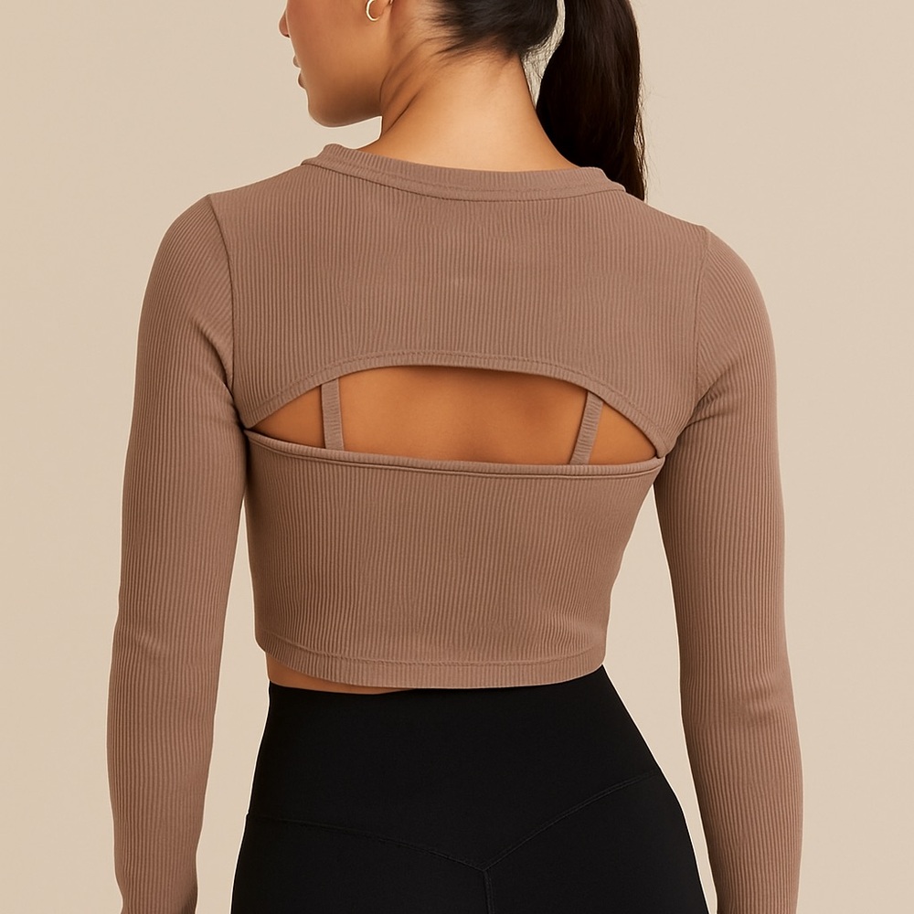 Chic Tan Ribbed Cut-Out Crop Top - Picture 2 of 5